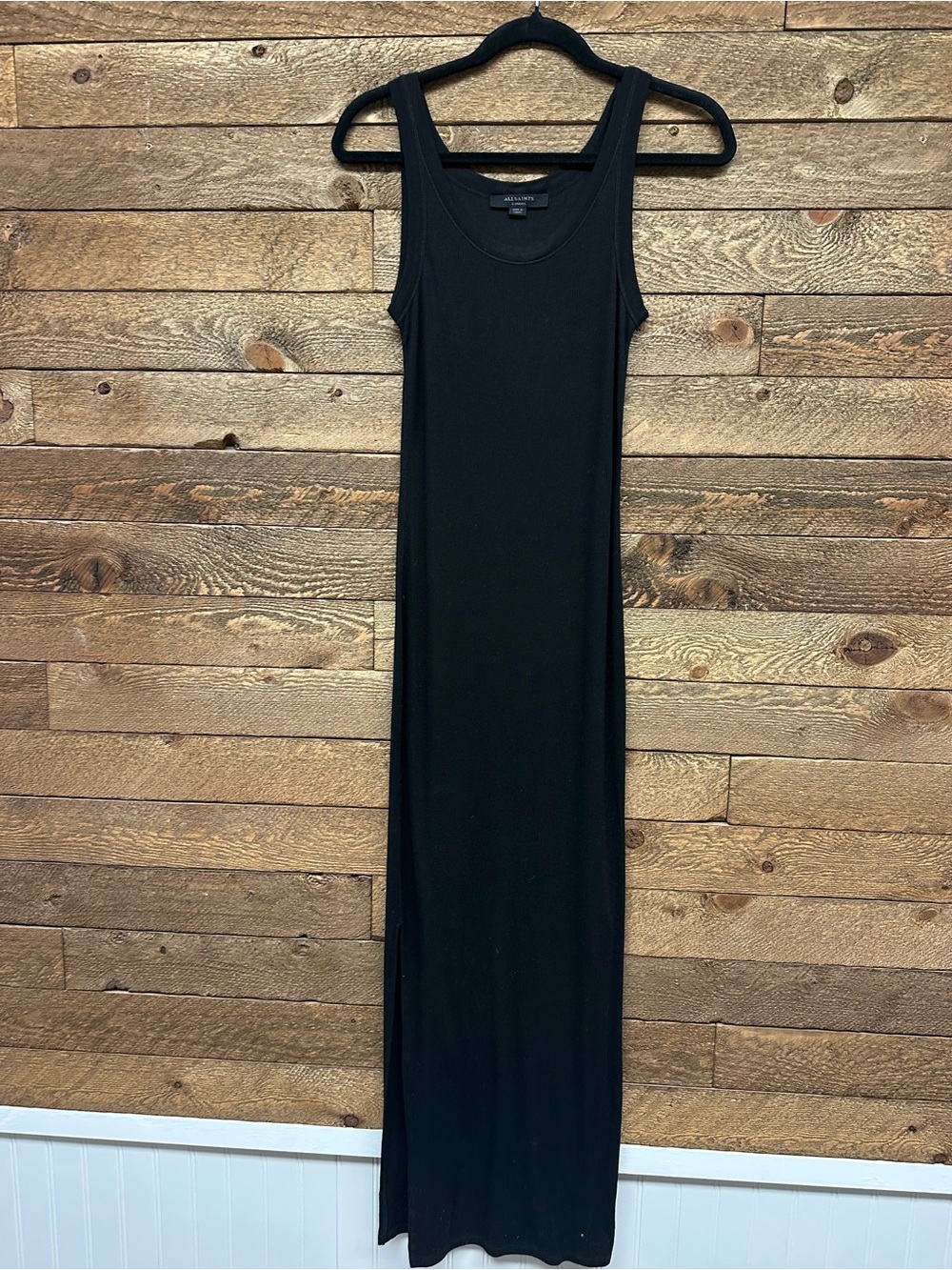 AllSaints Black Ribbed Tank Maxi Dress XS Side Slit Minimalist Stretch - Picture 3 of 4